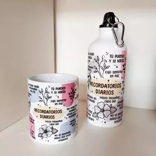 Kit mug y caramañola con frases positivas e ilustraciones