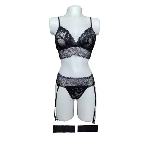 Lenceria Femenina Conjunto ropa interior femenina con Ligas Liguero 234 NEGRO