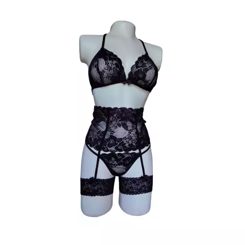 Lenceria Femenina Conjunto ropa interior femenina con Ligas Liguero 256 NEGRO