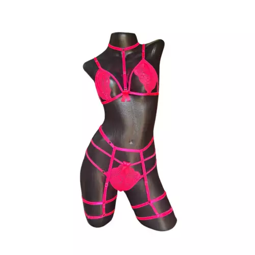 Lenceria Femenina Conjunto ropa interior femenina con Ligas Liguero FUCSIA