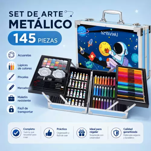 Maletín De Arte Metálico 145 Pzs Kit De Pintura Y  Plegable