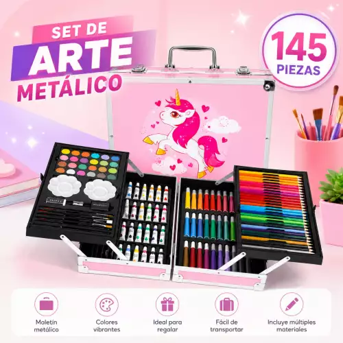 Maletín De Arte Metálico 145 Pzs Kit De Pintura Y Plegable Rosado