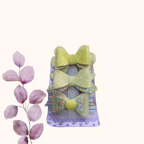 Moño coquette para niña amarillo con glitter artesanal x 3
