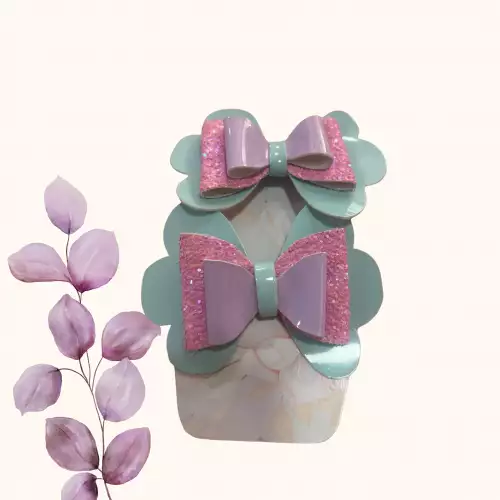 Moño coquette para niña azul y rosado con glitter artesanal