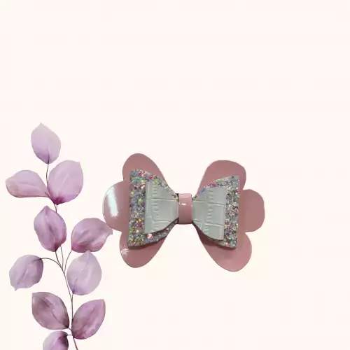 Moño coquette para niña rosado y blanco con glitter hecho a mano
