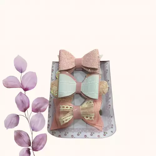 Moños coquette para niñas rosa pastel con glitter x3