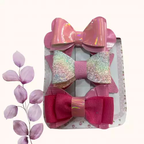 Moños coquette rosados para niña con glitter x 3
