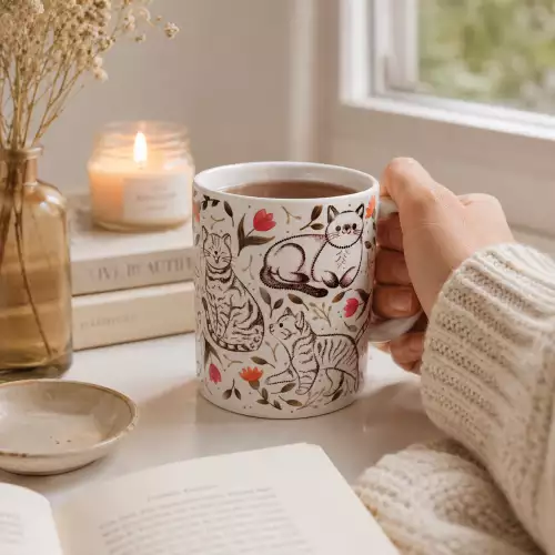 Mug cerámica gatitos negros flores sublimado