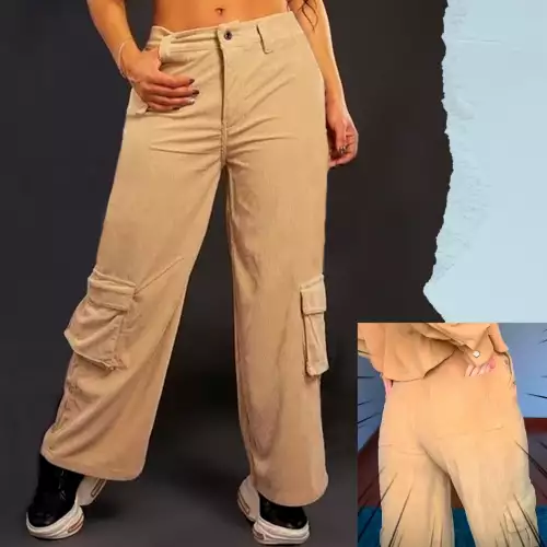 Pantalón cargo pana beige para mujer tiro alto
