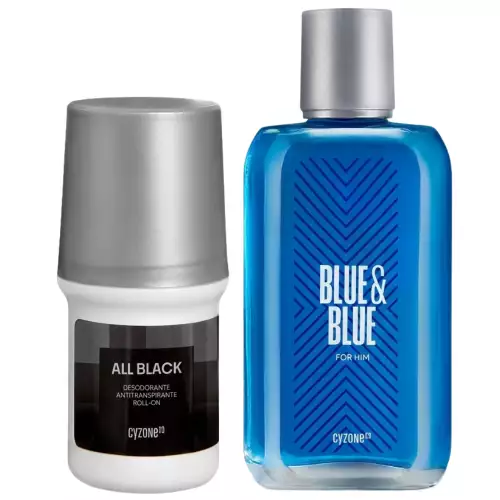 Perfume para Hombre Blue & Blue For Him Cyzone 75 ml + Desodorante Roll on ALL Black 50 g