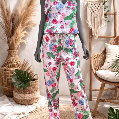 Pijama satinada floral para mujer pantalón