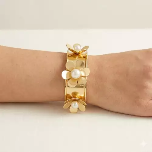 Pulsera para mujer en rodio dorado con flores perlas
