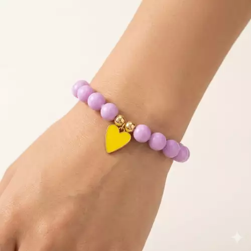 Pulsera para mujer perlas lilas con dije corazón