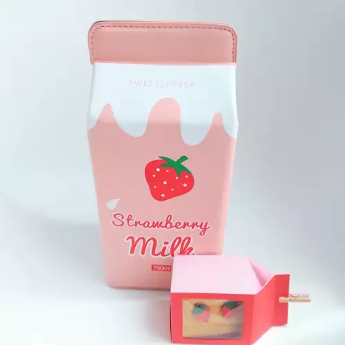 Set bolso cajita leche rosado con aretes fresita