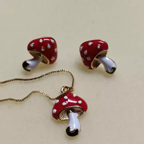 Set collar y aretes honguitos rojo y oro