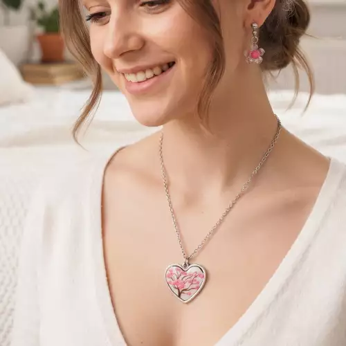 Set Corazón Ocobo Rosado Artesanal en Acero Inoxidable y Mostacilla