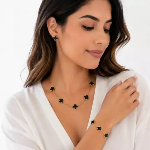 Set De Aretes, Collar Y Pulsera de 4 Tréboles - Negro