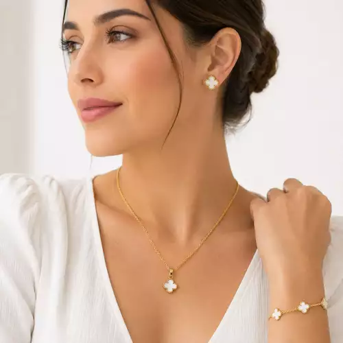 Set De Aretes + Collar + Pulsera Trebol Blanco Para Mujer