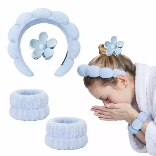 Set De Diadema Balaca Puffy Skincare + Muñequeras + Caimán - Azul Bebé