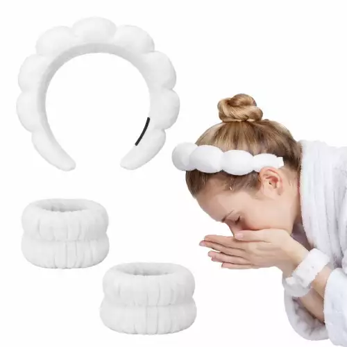 Set De Diadema Balaca Puffy Skincare + Muñequeras Blanco
