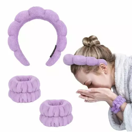 Set De Diadema Balaca Puffy Skincare + Muñequeras Lila