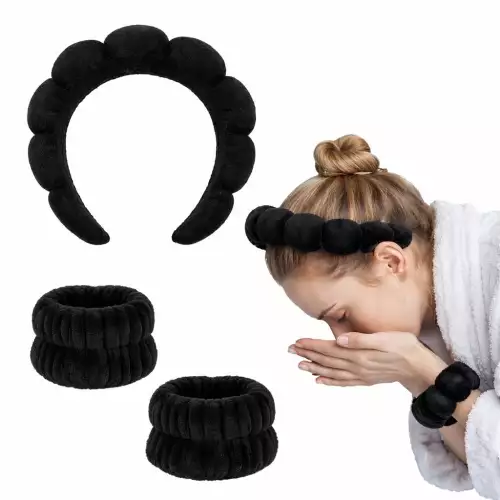 Set De Diadema Balaca Puffy Skincare + Muñequeras Negro