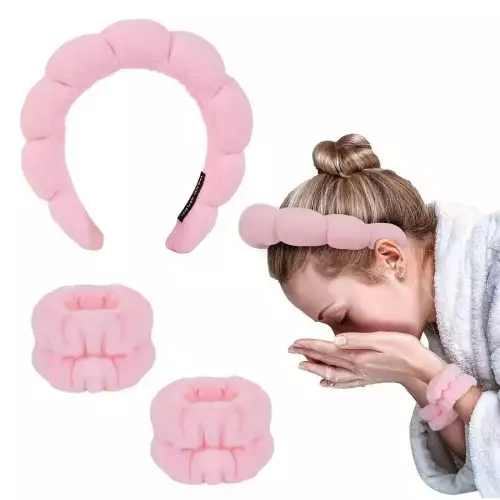 Set De Diadema Balaca Puffy Skincare + Muñequeras Rosa