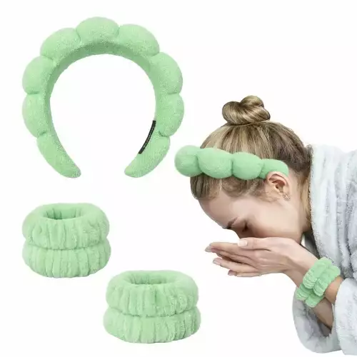 Set De Diadema Balaca Puffy Skincare + Muñequeras Verde Menta