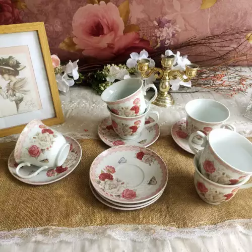 Set de té vintage rosa 6 tazas y platillos cerámica