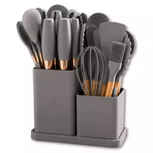 Set De Utensilios Y Cuchillos De 19 Piezas Silicona Antiadherente Y Acero Inoxidable Gris