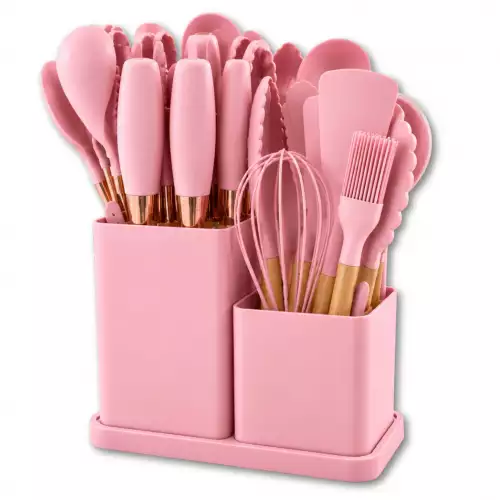 Set De Utensilios Y Cuchillos De 19 Piezas Silicona Antiadherente Y Acero Inoxidable Rosa
