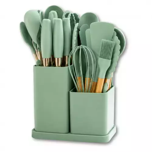 Set De Utensilios Y Cuchillos De 19 Piezas Silicona Antiadherente Y Acero Inoxidable Verde