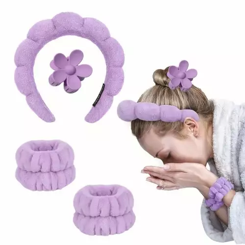 Set diadema balaca puffy para skincare lila con muñequeras