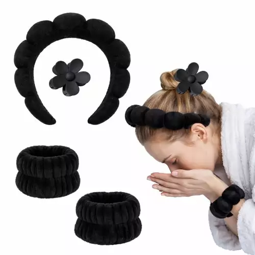 Set diadema balaca puffy para skincare negro con muñequeras