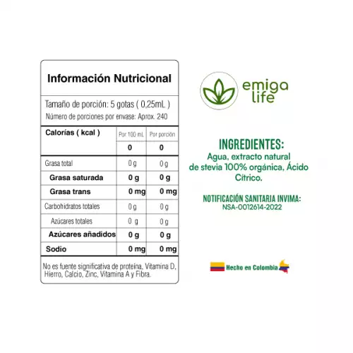 Stevia Líquida Cero Calorías x 250 ml Sabor Natural Emigalife