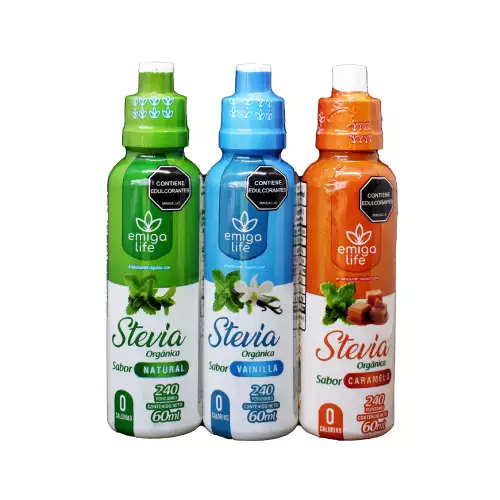 Stevia Líquida Orgánica 3 sabores Natural, Vainilla, Caramelo 60 ml