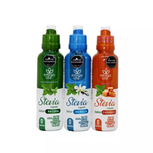 Stevia Líquida Orgánica 3 sabores Natural, Vainilla, Caramelo 60 ml