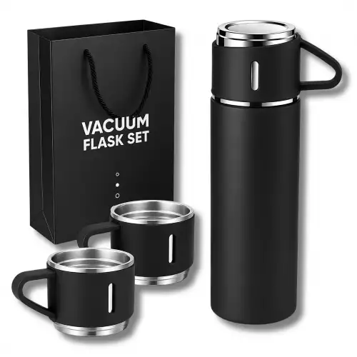 Termo De Acero Inoxidable Vacuum Flask 500ml Con 3 Tazas Vasos Incluidos Negro