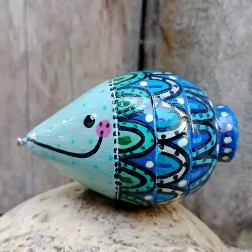 Trompo Pececito Azul madera con cuerda y resina artesanal