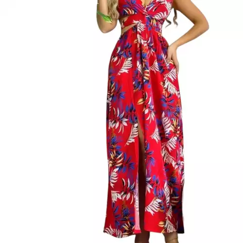 Vestido  Rojo con Estampado de Plantas TALLA S/M