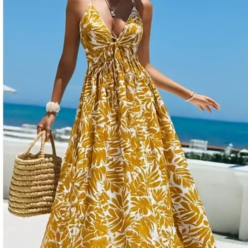 Vestido con Estampado de Plantas Amarillo Talla L/XL