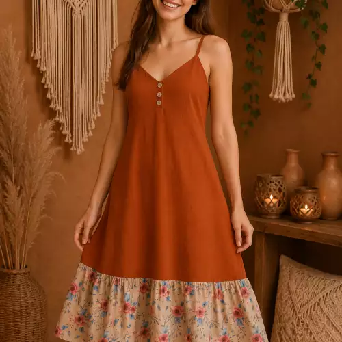 Vestido holgado terracota con tirantes y bolero romántico