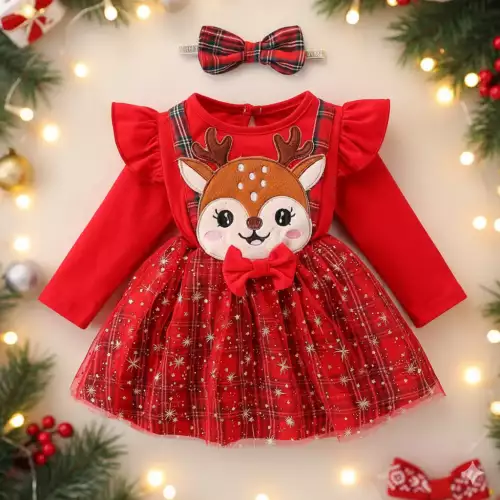 Vestido navideño para niña con falda brillante y moño