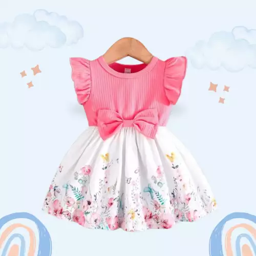 Vestido para Bebé con Mangas Cortas y Diseño de Flor. Talla 3 a 6 M