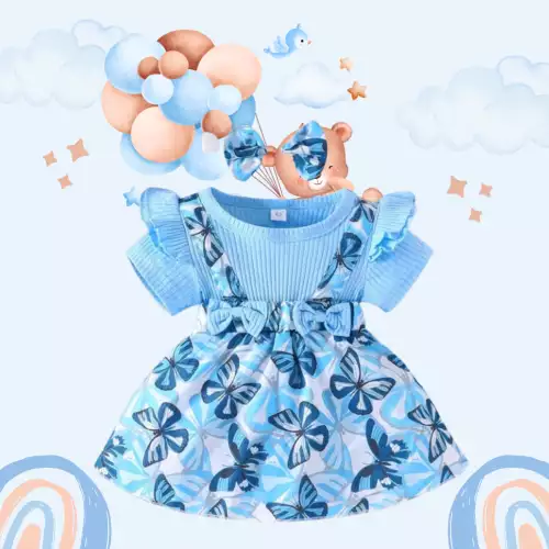 Vestido Tipo Body de Manga Corta para Niña con Estampado de Mariposa y Diadema. Talla de 0 a 3 meses