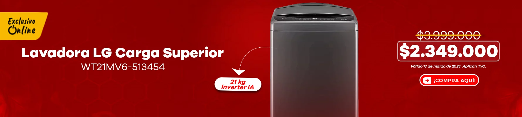 Lavadora LG 21 kg Carga Superior