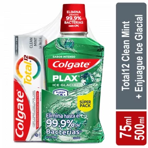 Enjuague Bucal Colgate Plax Ice Glacial 500ml y Crema Dental Colgate Total 12 Clean Mint 75ml