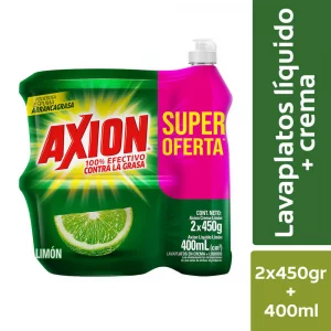 Lavaplatos en Crema Axion Limón 450 g x 2 + Líquido 400 ml