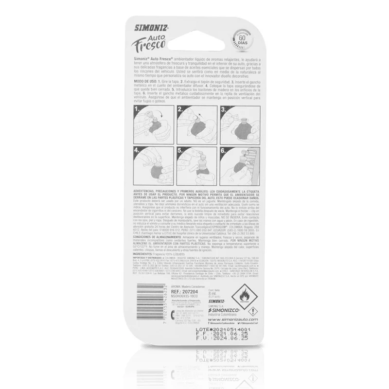 Ambientador Simoniz Difusor Jarron Auto Fresco Madera x 8 ml