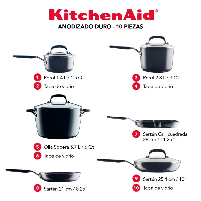 Batería Kitchenaid 10 Piezas Negro Onix AA Anodizado Duro